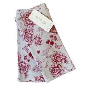 Rachel Zoe Valentine Kitchen Towels 20x28 Cotton Cupid Toile Red Beige 2pc NEW